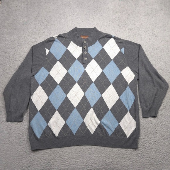 Oak Hill Other - Oak Hill Sweater Men 3XL 100% Cotton Argyle Henley Pullover Gray Blue Big Tall